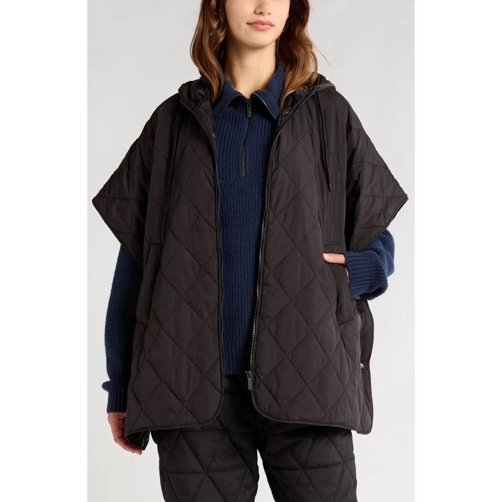 Zella Black Quilted‎ Hooded Poncho Zip Front Diamond Stitch Cape with Pockets